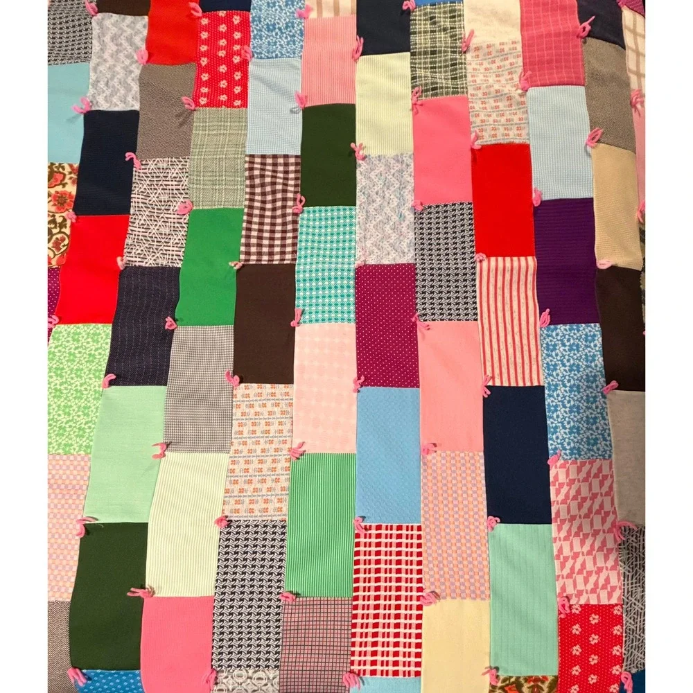 Vintage Handmade Patchwork Tied Quilt Multi Color Scrap Blanket Pink Backing
